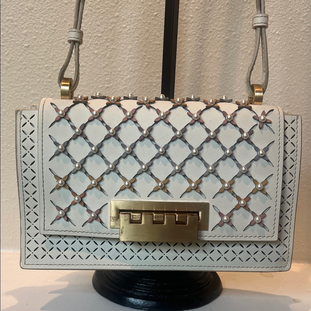 Zac Posen White Shoulder Bag with Brass Hardware and Pearl Studs